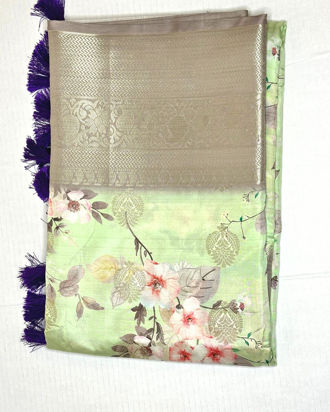pista green softy silk floral digital print saree