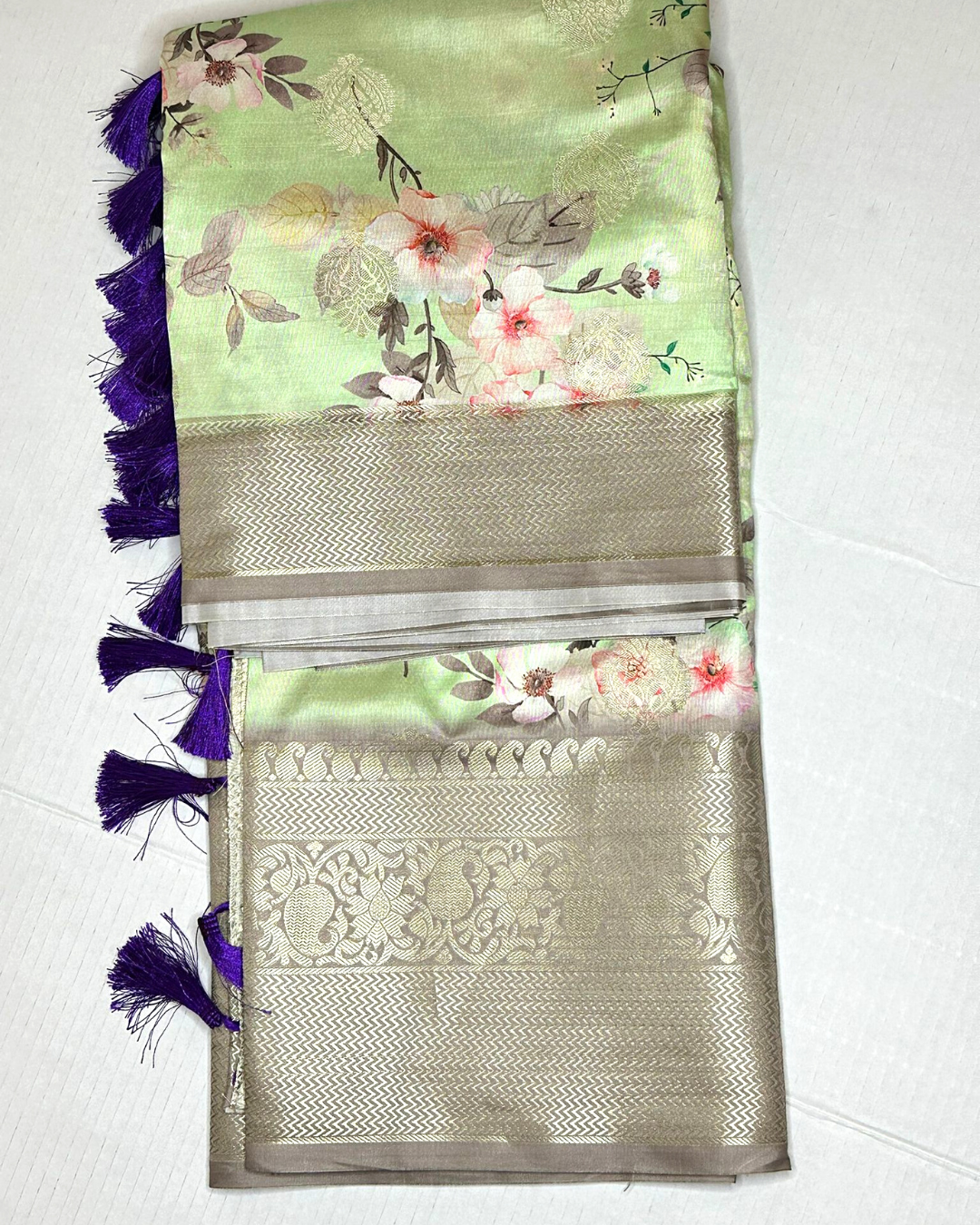 pista green softy silk floral digital print saree