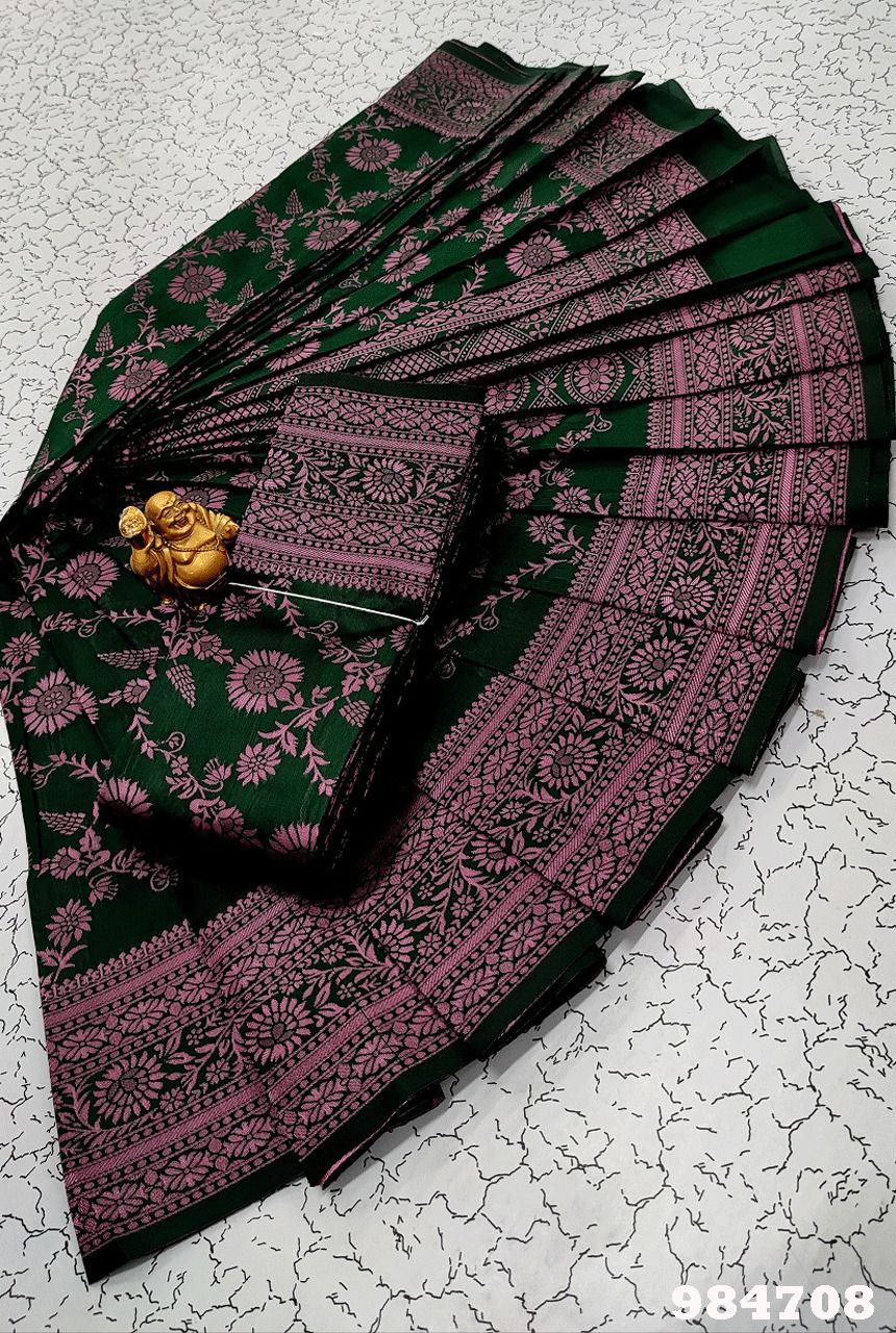 Dark Green Elite bridal saree with pink gold zari