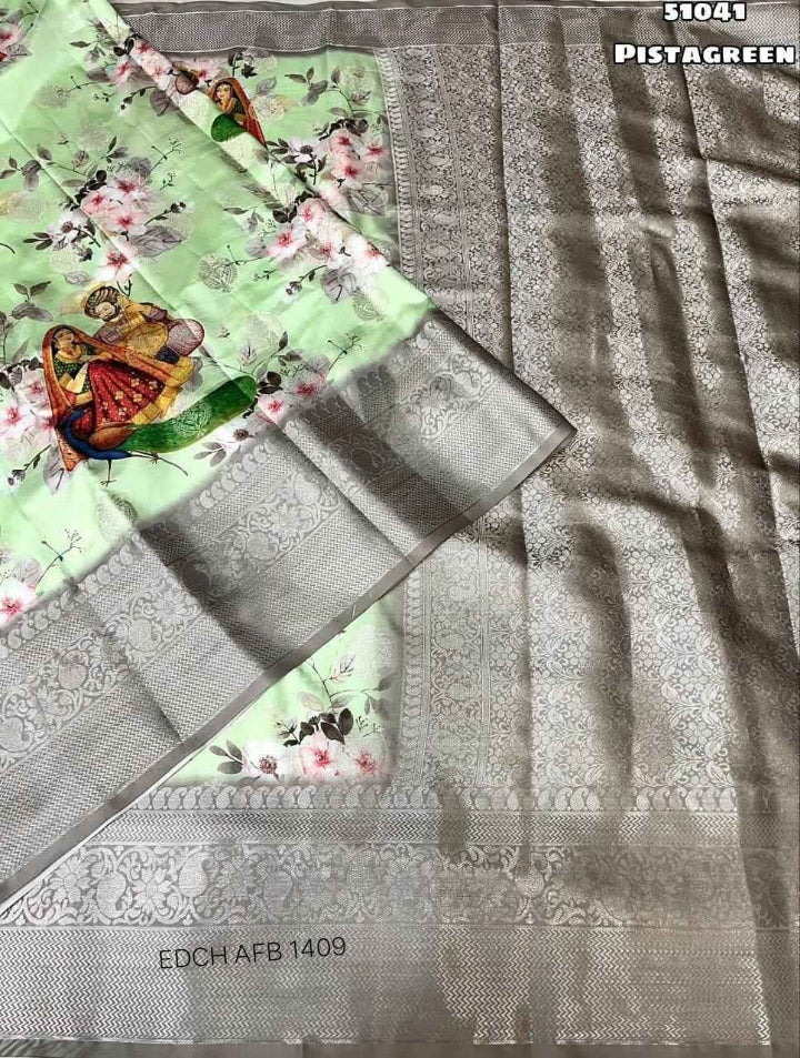 pista green softy silk floral digital print saree