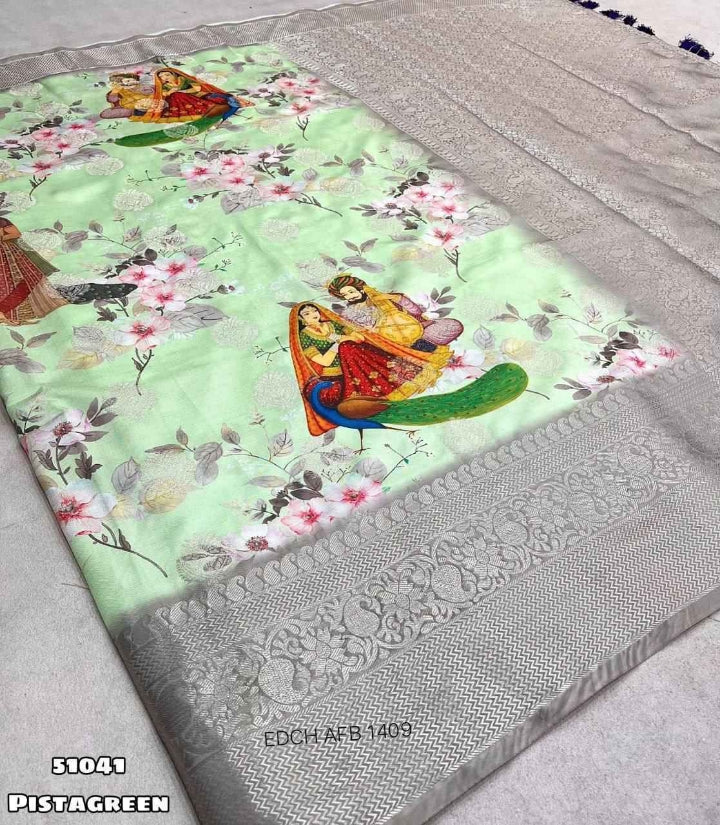 pista green softy silk floral digital print saree