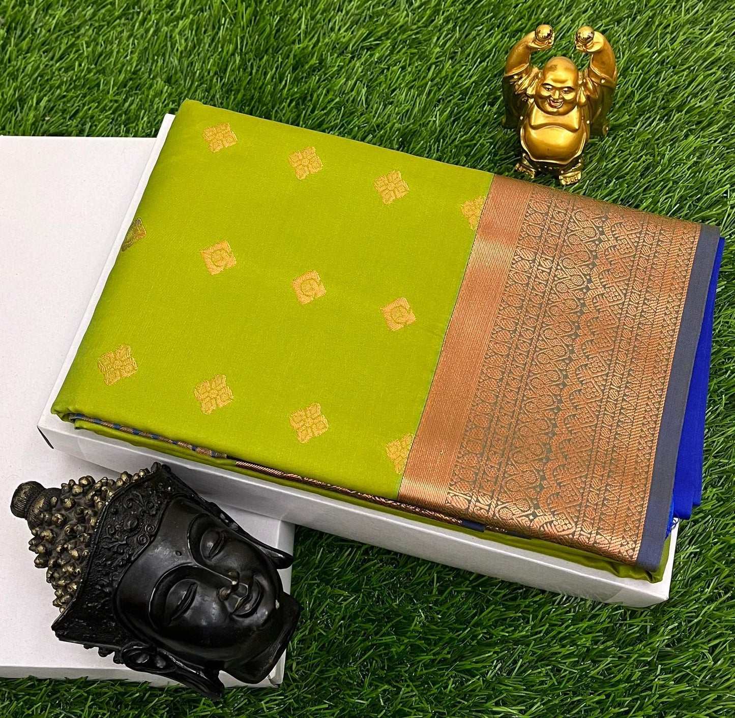 Leaf green with contrast royal blue Semi - Kuppadam Soft Silk Saree