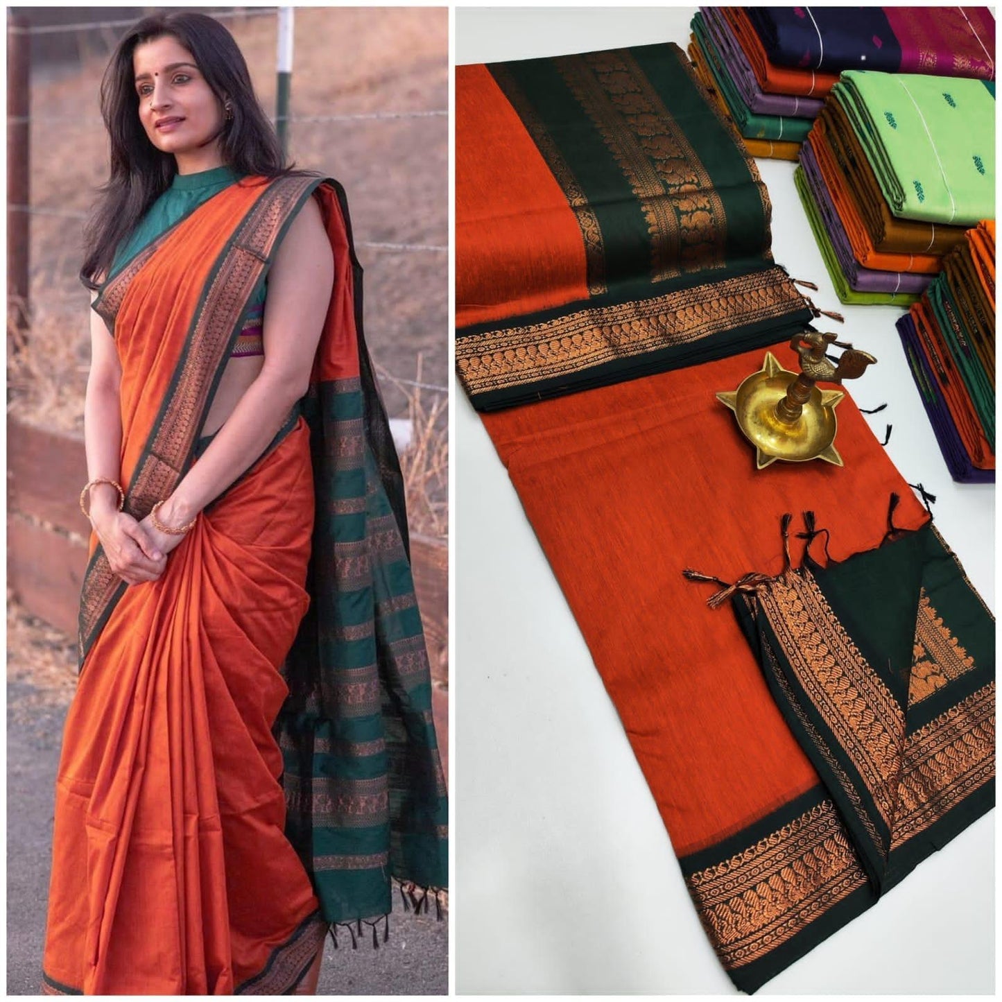 Orange with green - Premium Quality Kalyani cotton saree/Lata Gadwal Paithani
