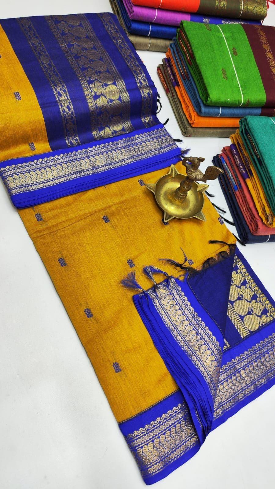 Golden yellow with royal blue - Premium Quality Kalyani cotton saree/Lata Gadwal Paithani