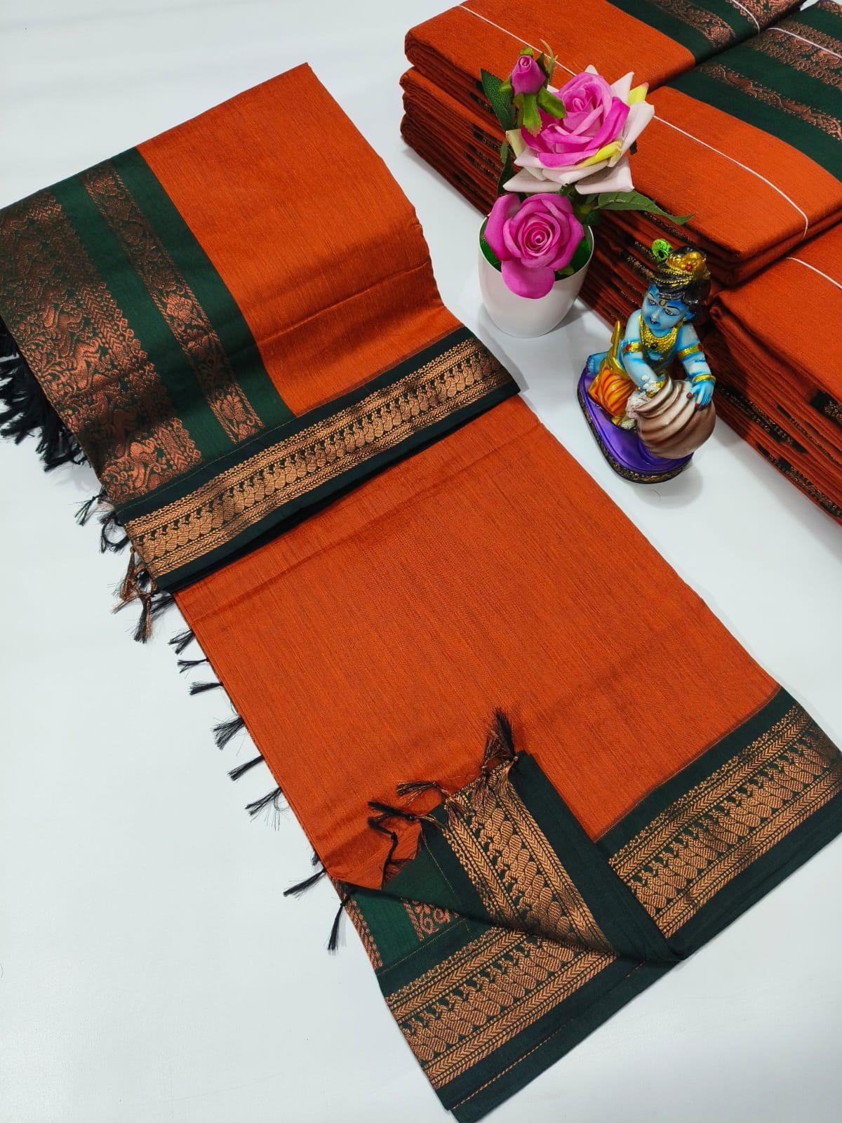 Orange with green - Premium Quality Kalyani cotton saree/Lata Gadwal Paithani