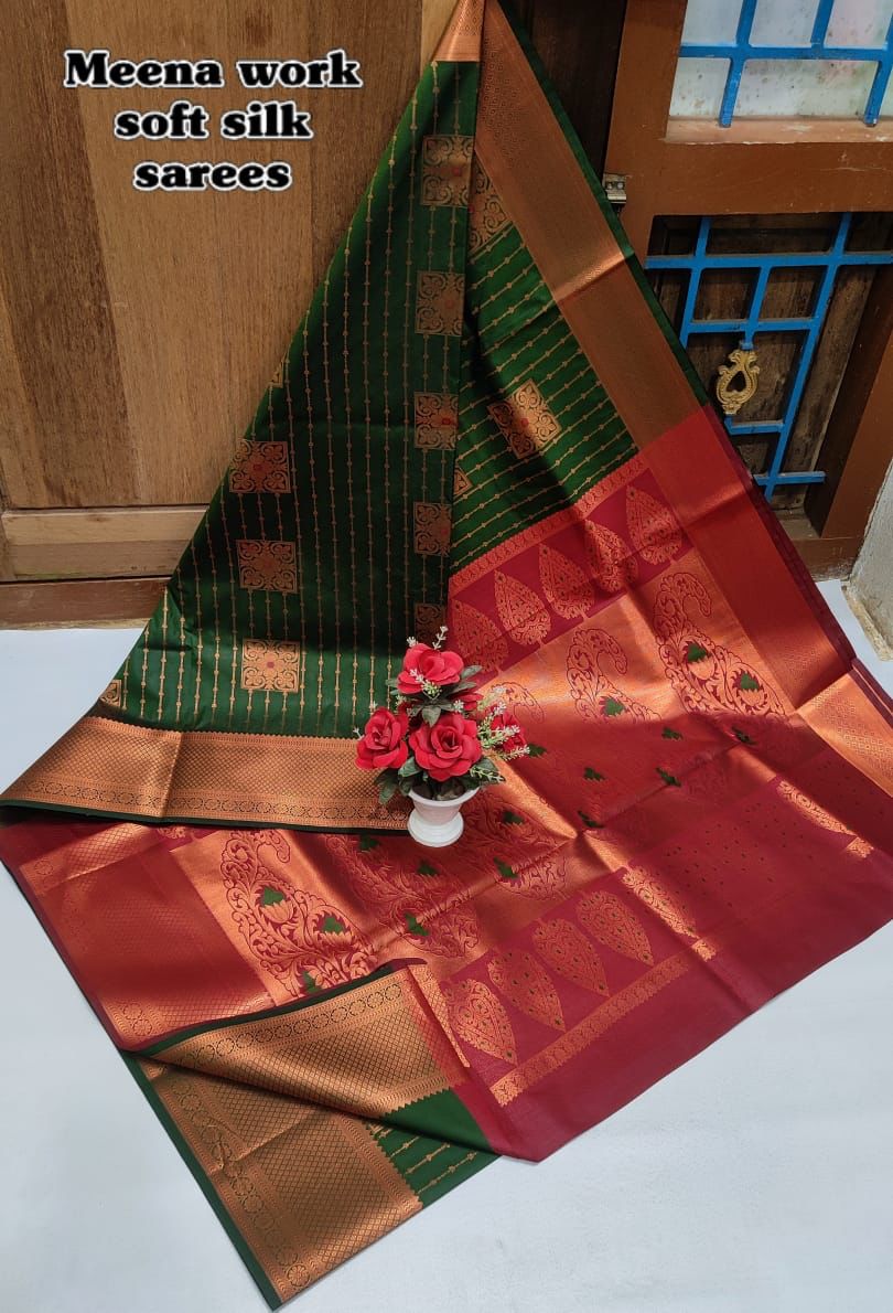 Green Dharmavaram Meena Work soft silk Saree