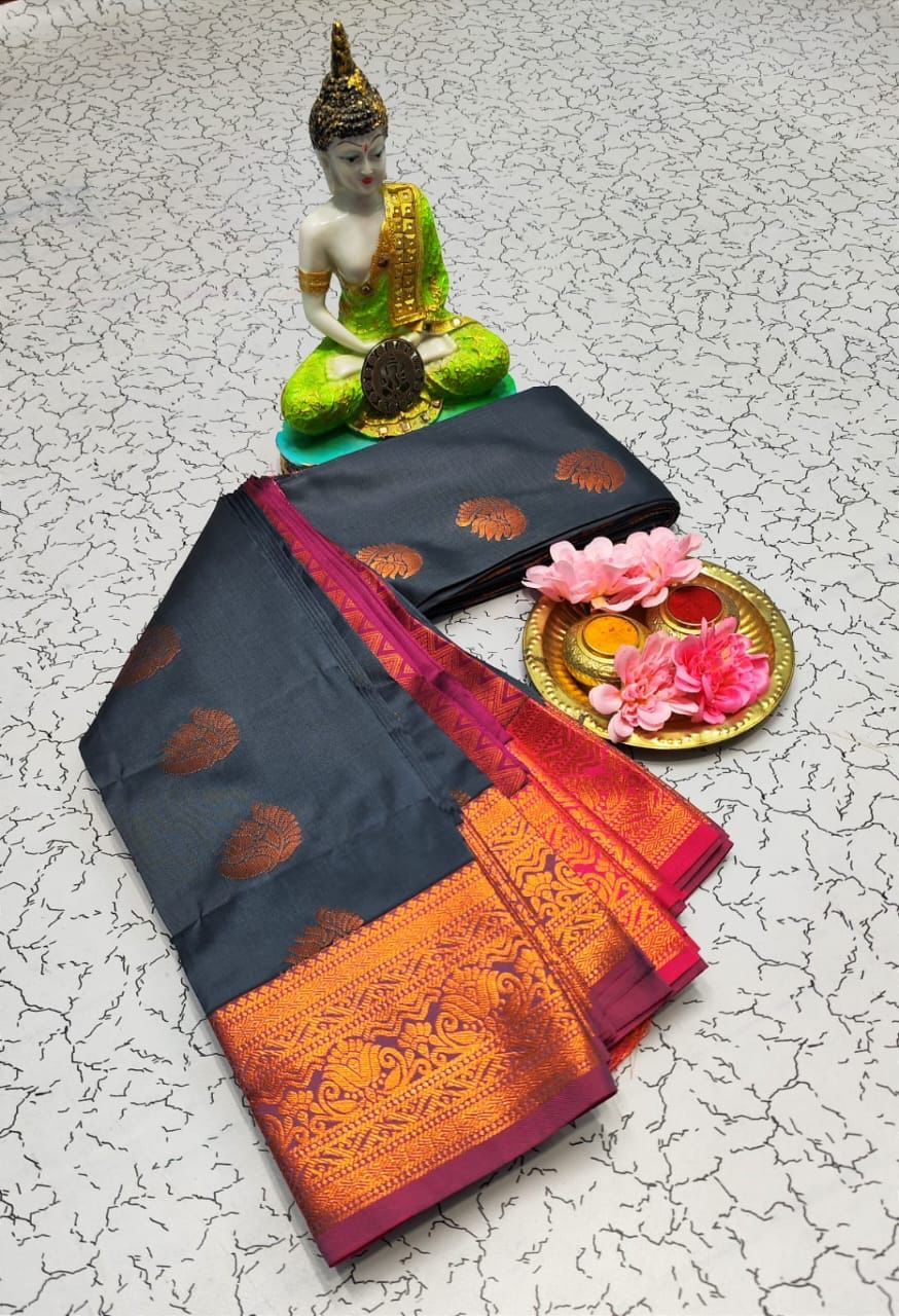 Grey with Pink Soft Silk Saree