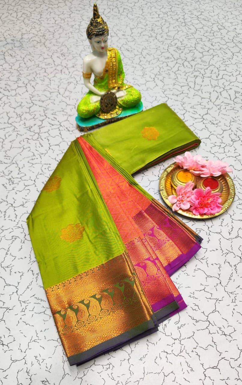 Green with pink Soft Silk Saree