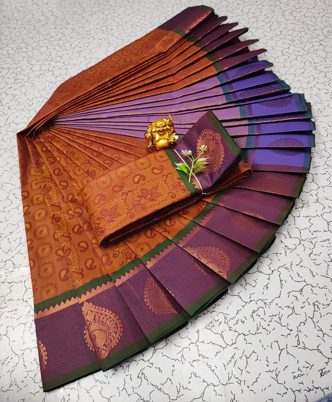Brown with Purple Embossed Soft Silk Saree
