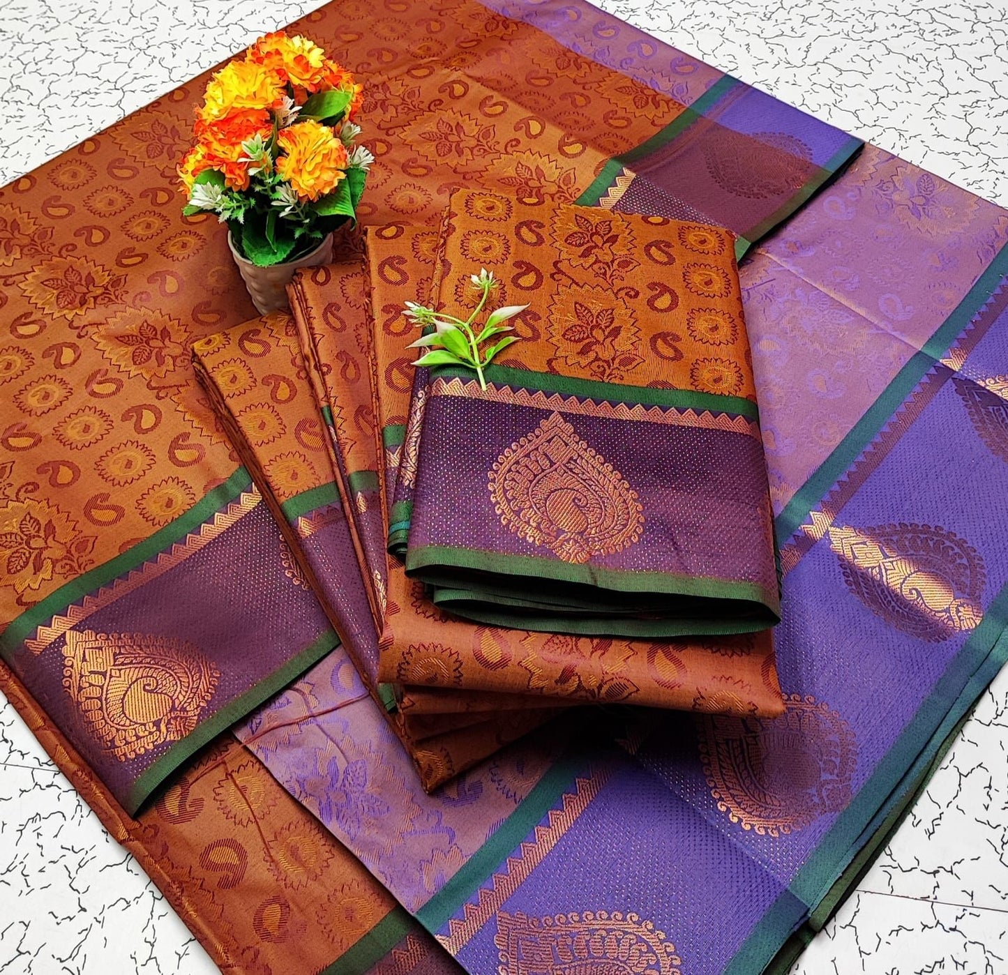 Brown with Purple Embossed Soft Silk Saree
