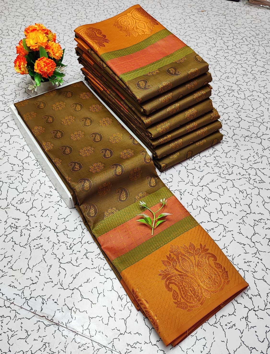 Olive Green with Golden Yellow Embossed Soft Silk Saree