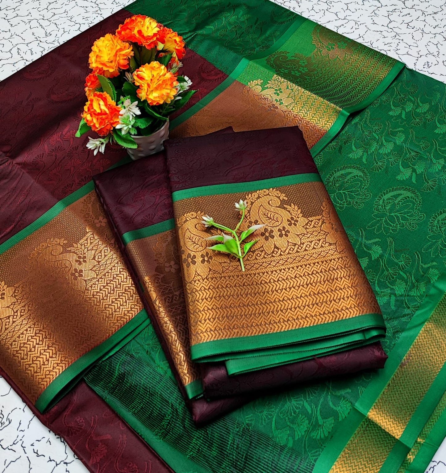 Maroon with Green Embossed Soft Silk Saree