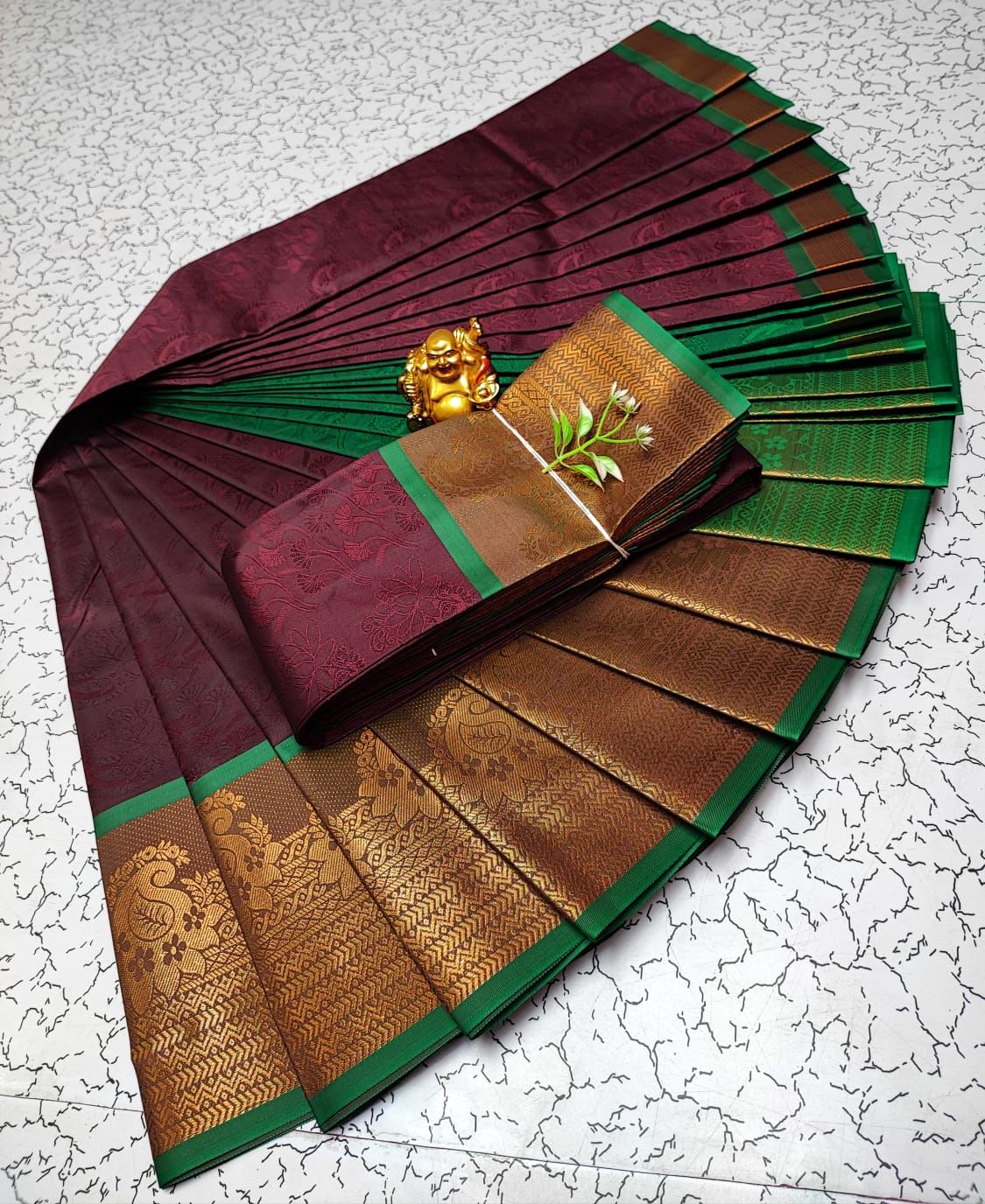 Maroon with Green Embossed Soft Silk Saree