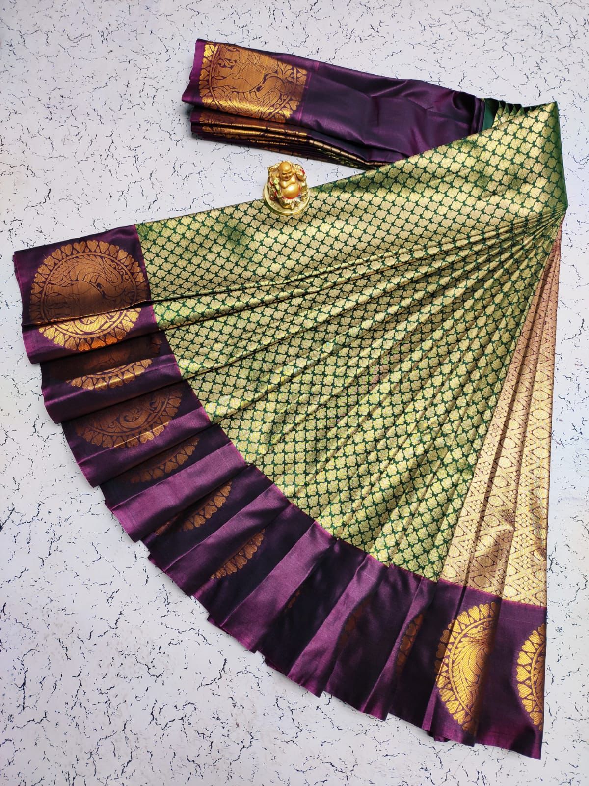 Green with Purple Samudhrika style semi kanjeevaram silk saree