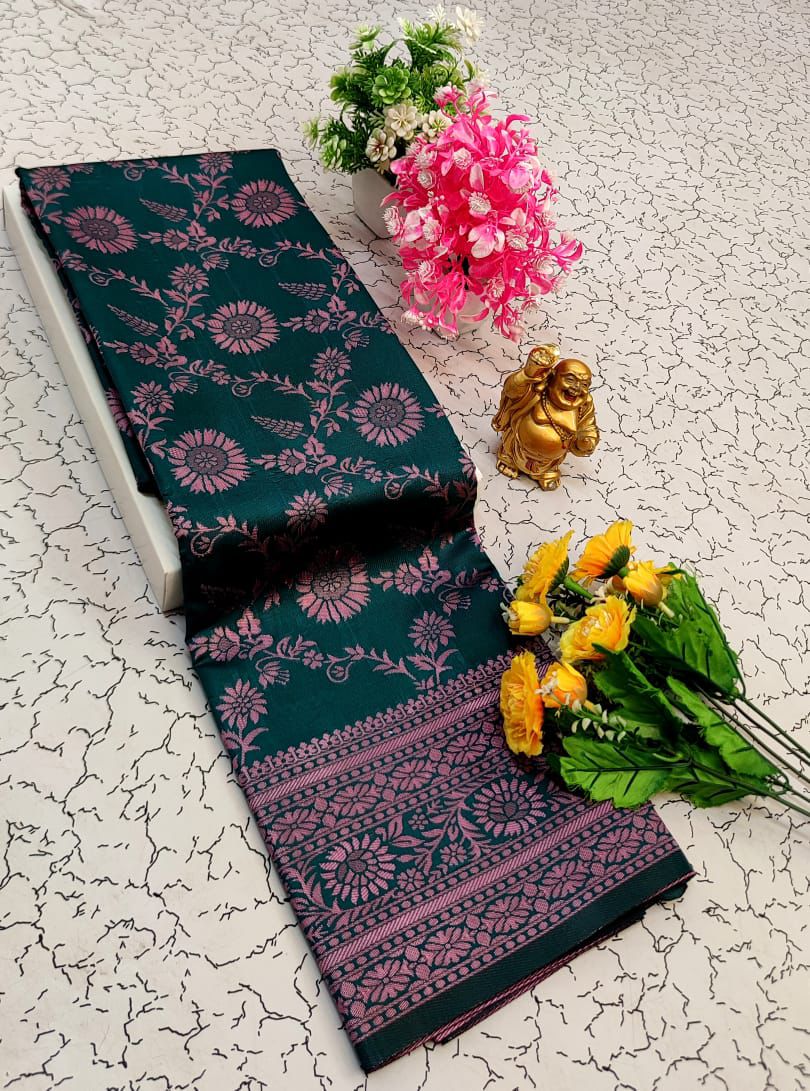 Dark Green Elite bridal saree with pink gold zari