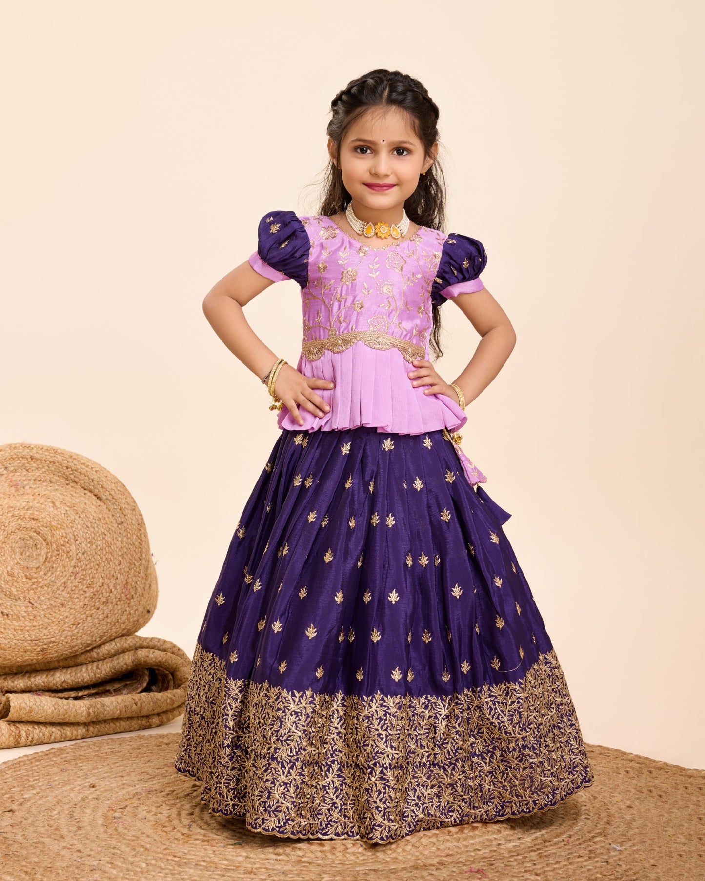 Chinnon silk embroidered pattu pavadai (3 yrs)