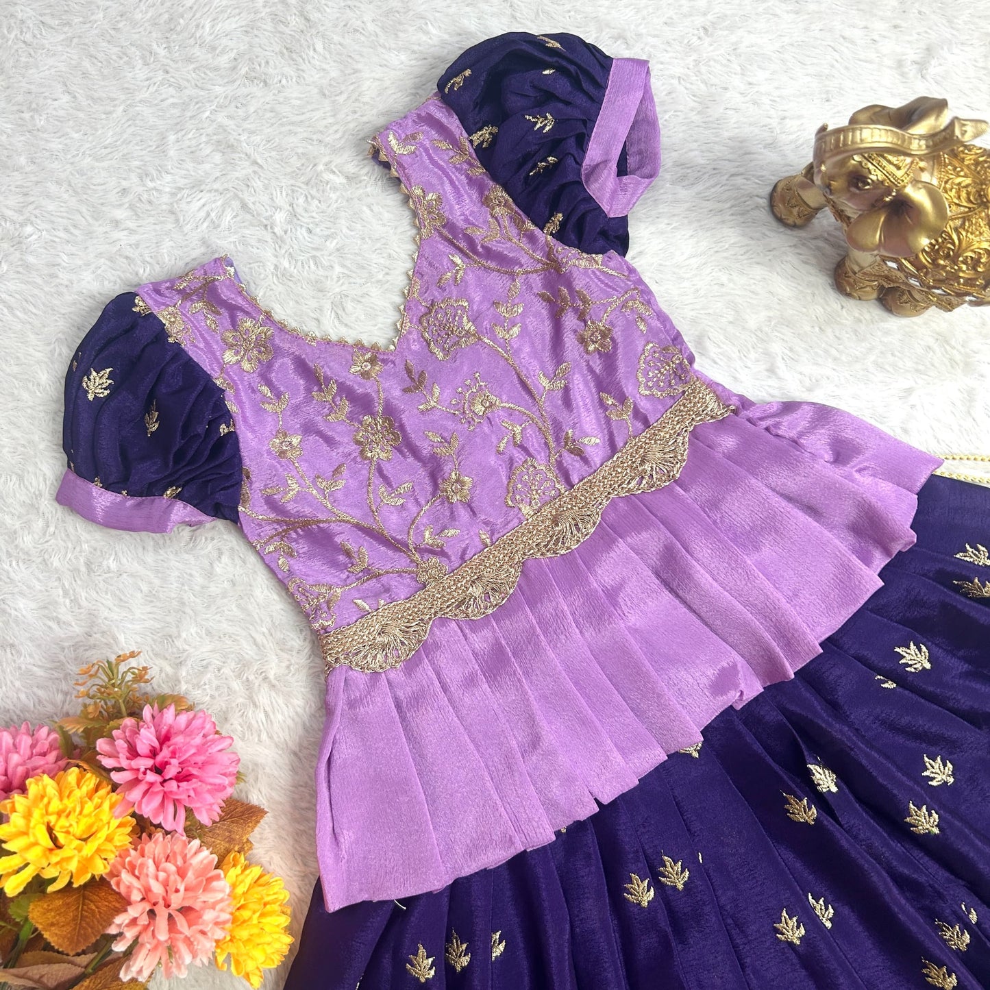 Chinnon silk embroidered pattu pavadai (3 yrs)