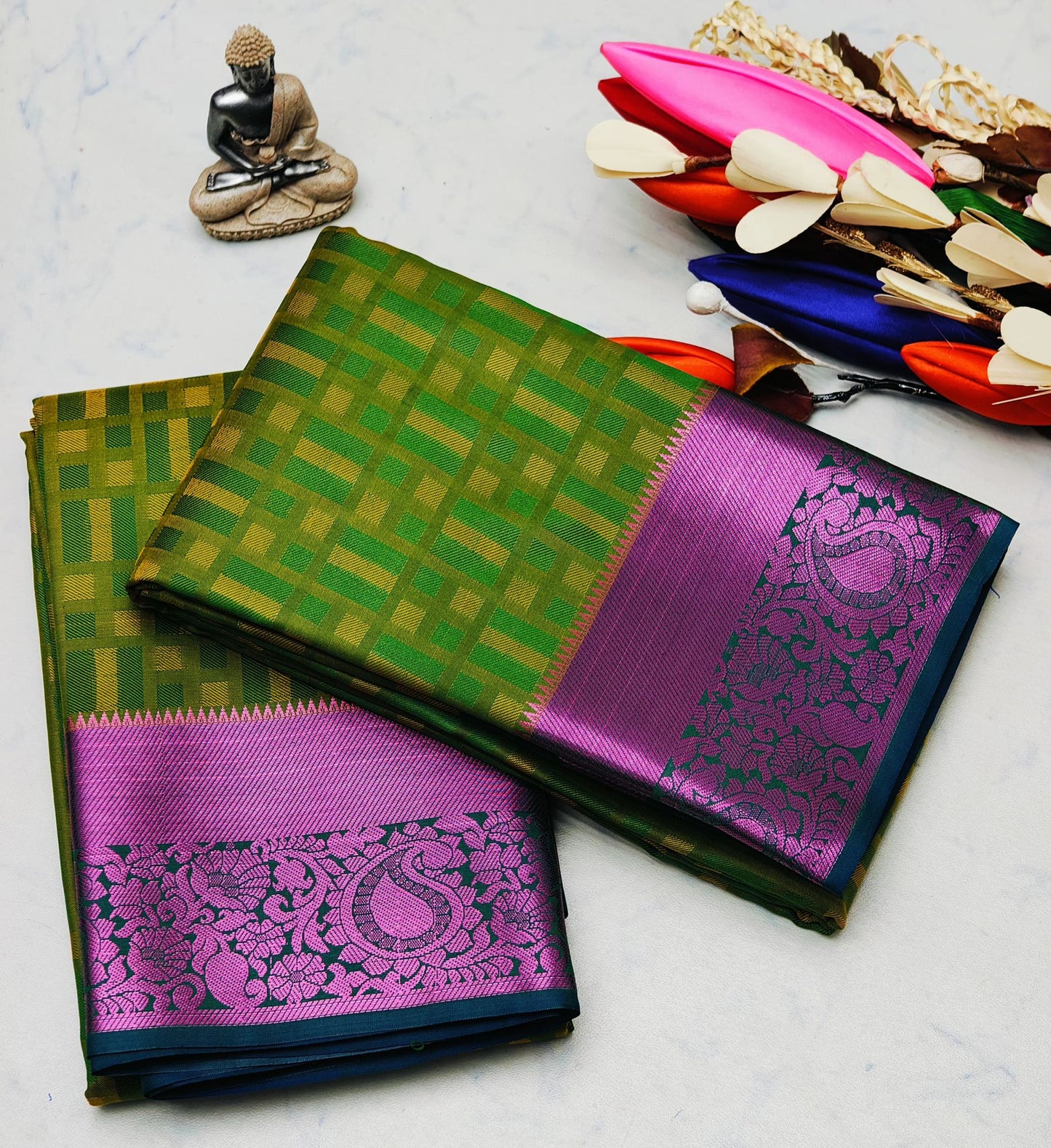 Embossed Silk Saree - Green with Purple