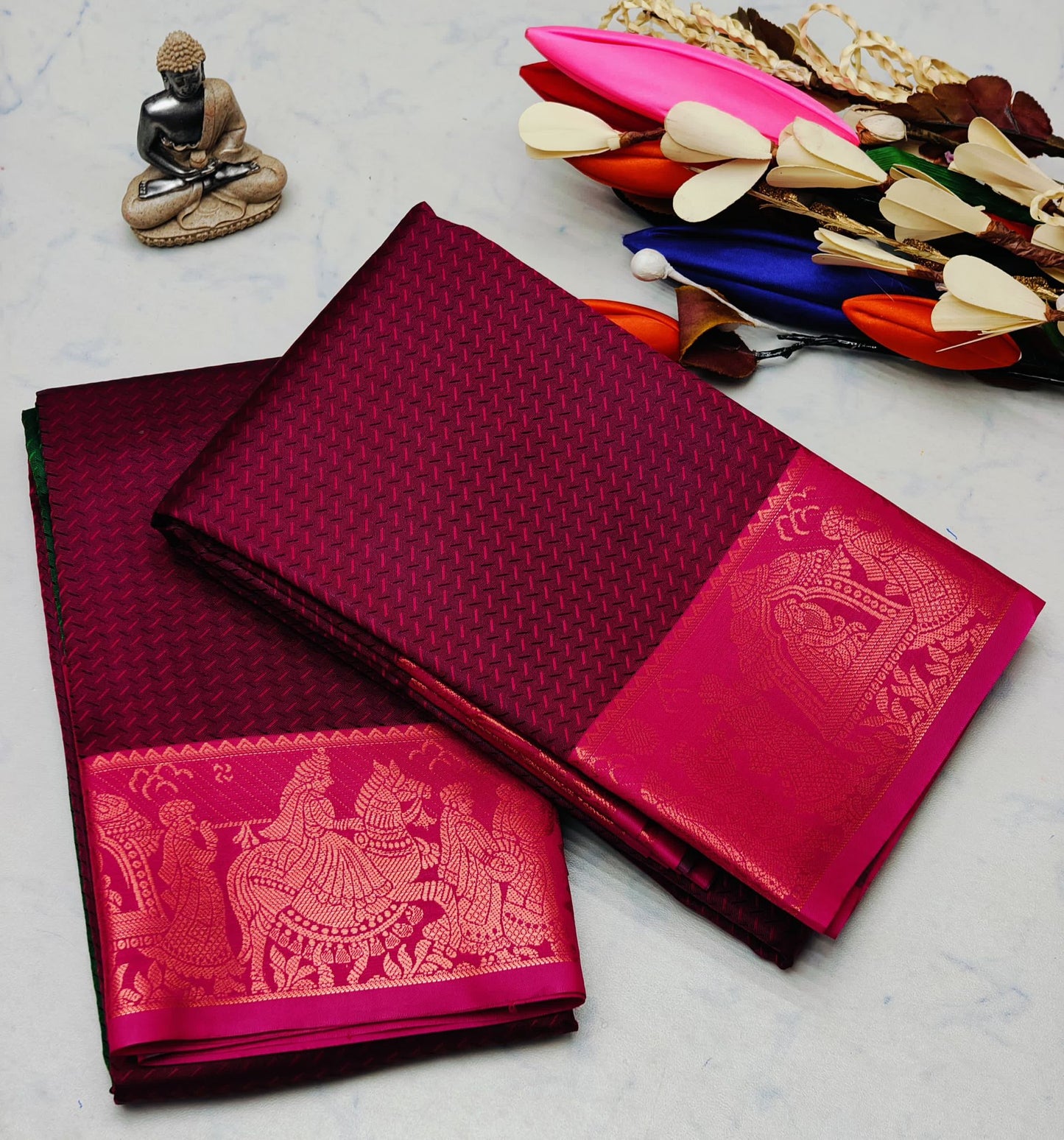 Embossed Silk Saree - Maroon with Pink