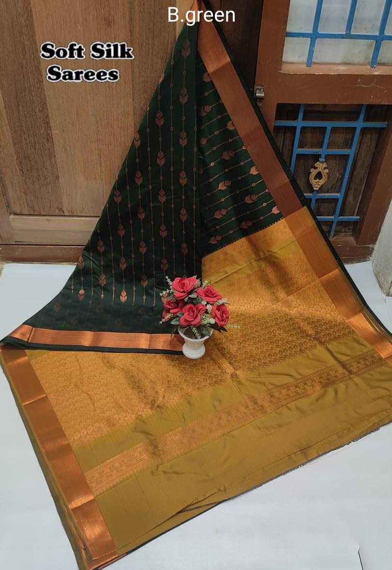 Soft Silk Saree with Border - Bottle Green