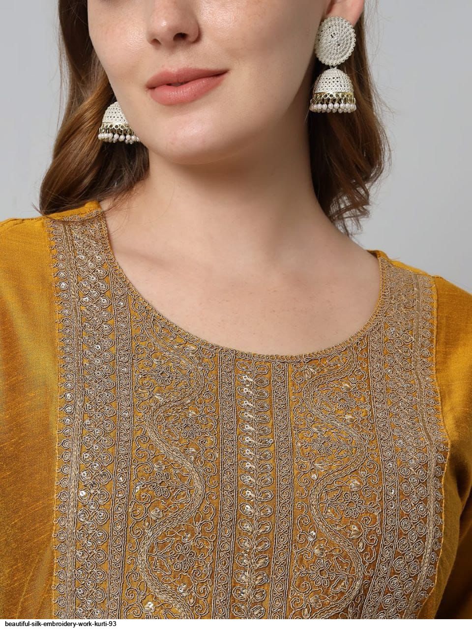 Silk Embroidery Work Kurti - Yellow