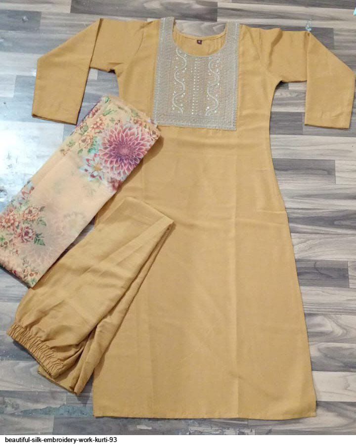 Silk Embroidery Work Kurti - Yellow