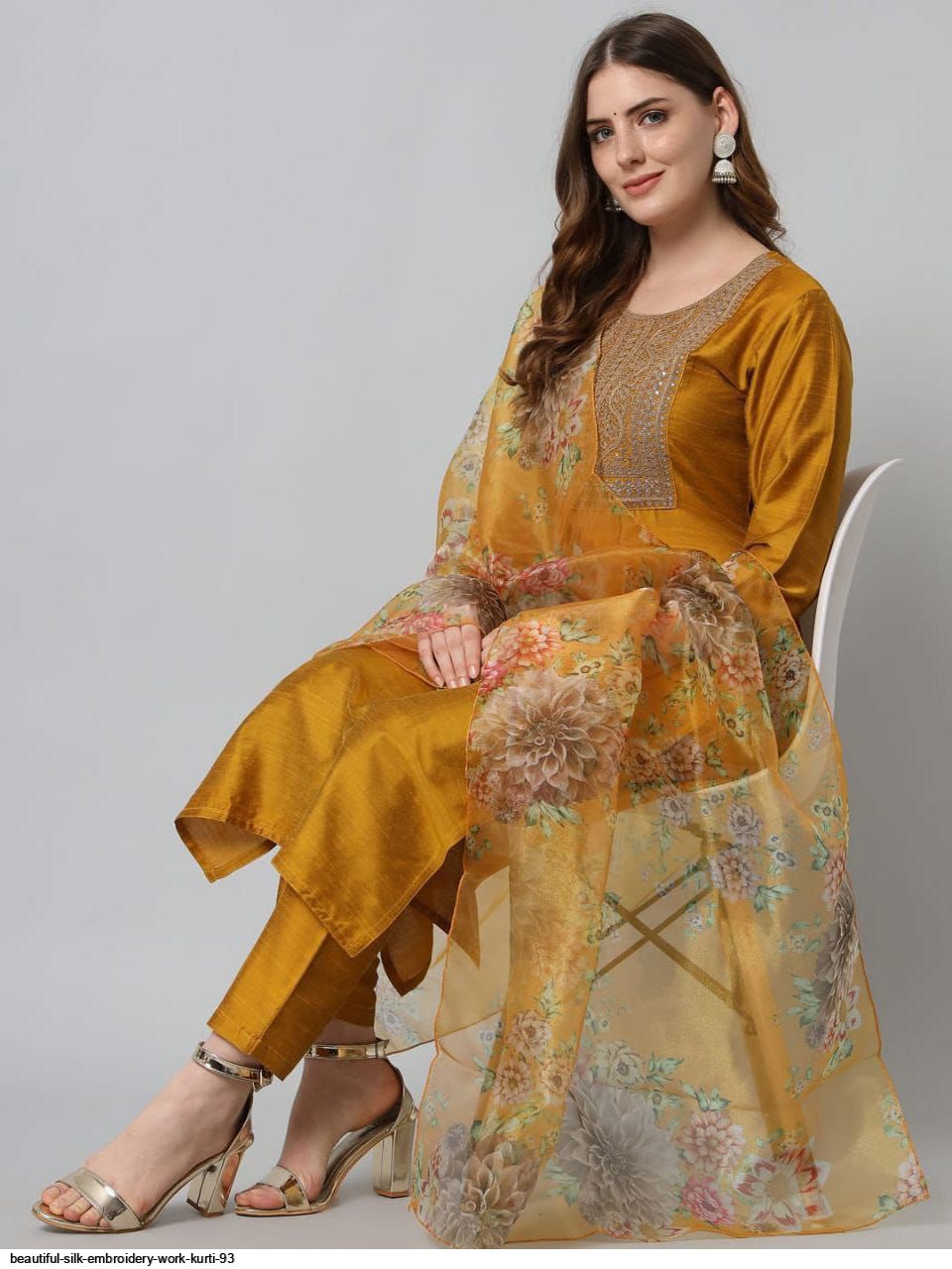 Silk Embroidery Work Kurti - Yellow