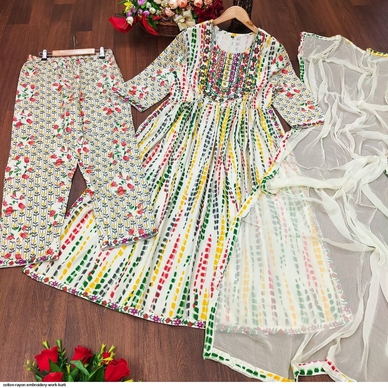 Cotton Rayon Embroidery Work Kurti set