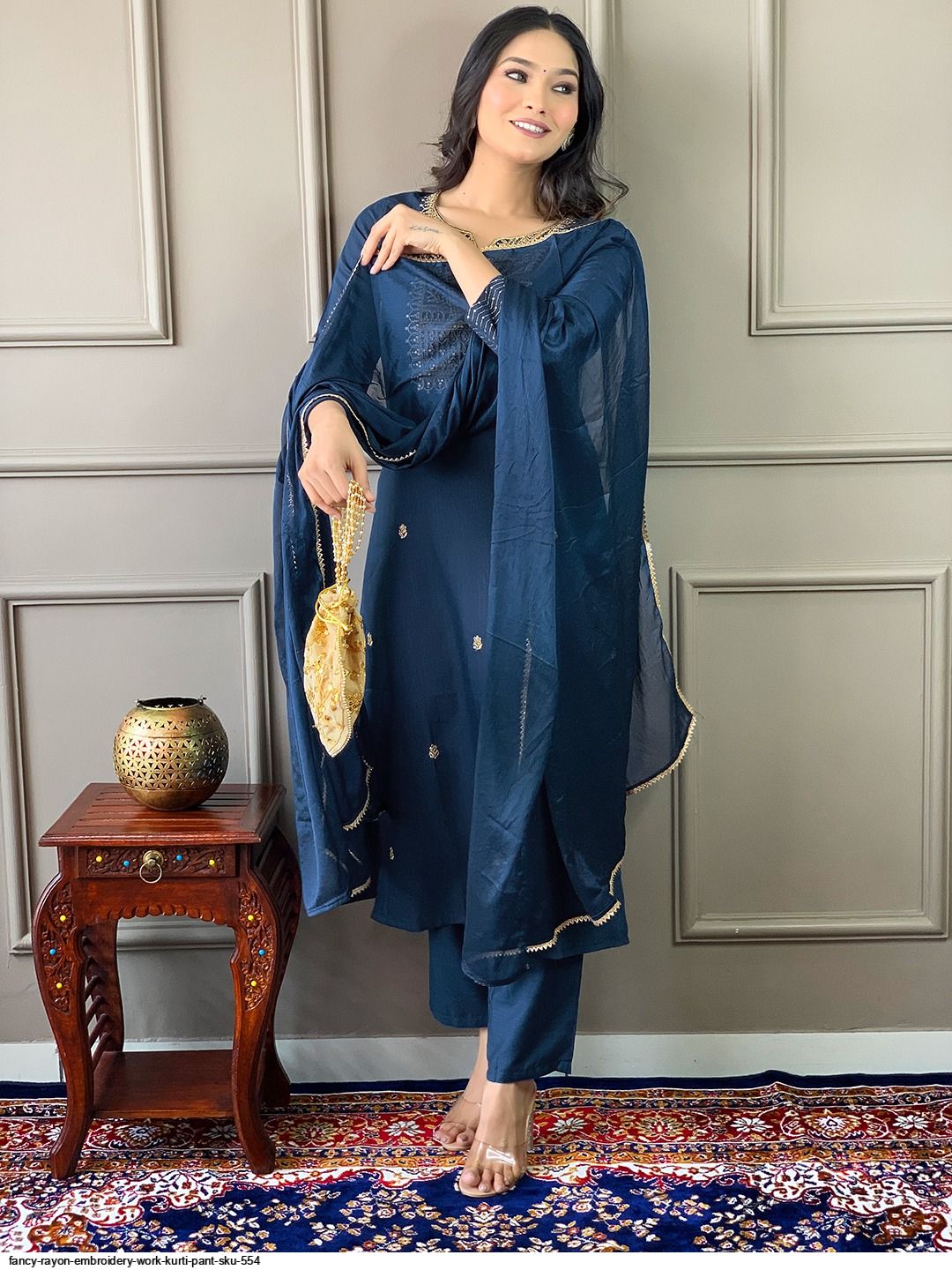 Fancy Rayon Embroidery Work Kurti Pant Set