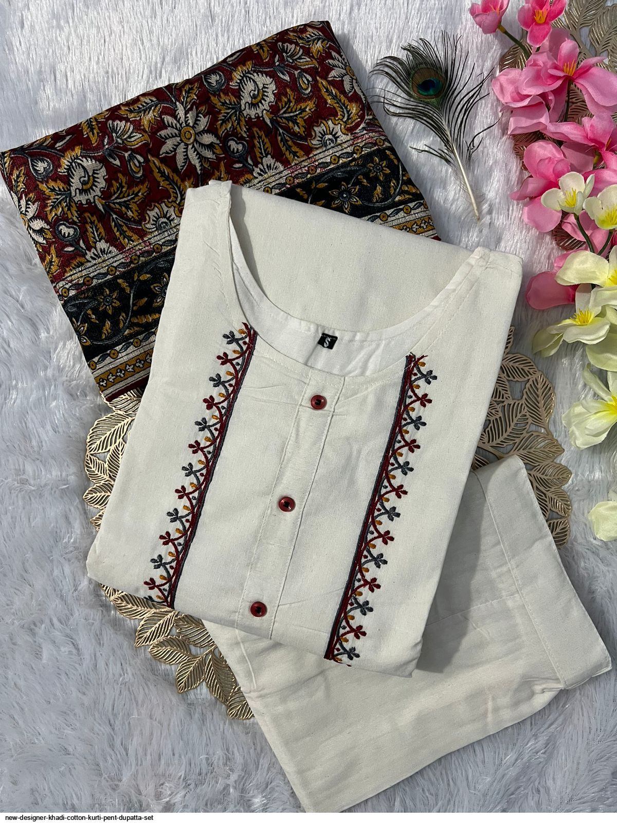 New Designer Khadi Cotton Kurti Pant Dupatta Set