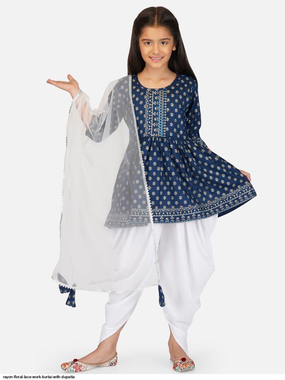 Rayon Floral Lace Work Kurti With Dupatta