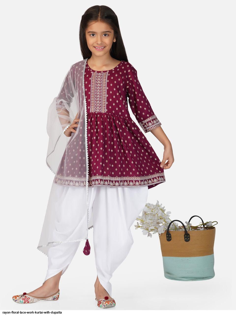 Rayon Floral Lace Work Kurti With Dupatta