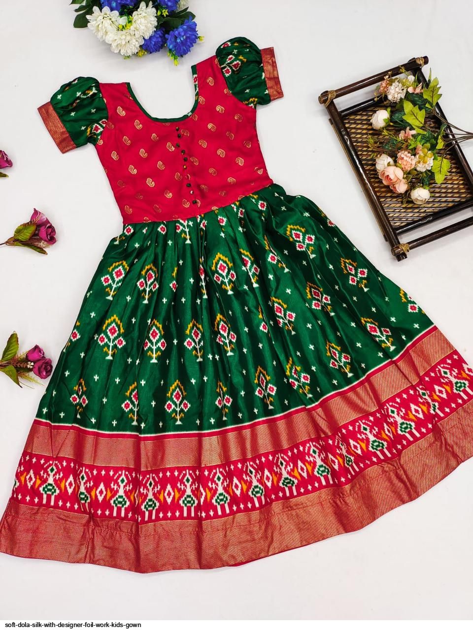 Soft Dola Silk With Designer Foil Work Kids Gown