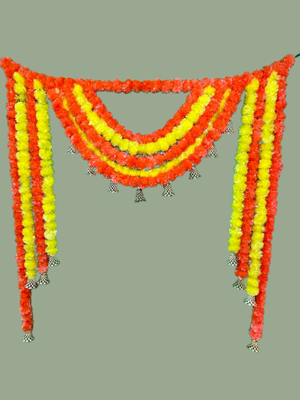 Yellow and orange artificial marigold backdrop with bells