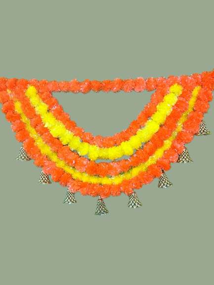 Yellow and orange artificial marigold backdrop with bells