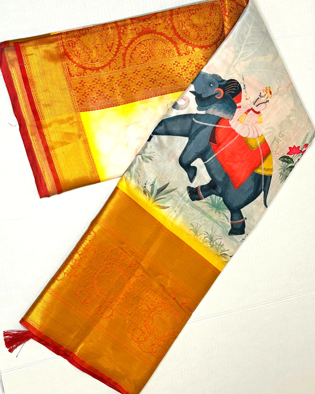 Moghul art digital print banarasi soft silk saree