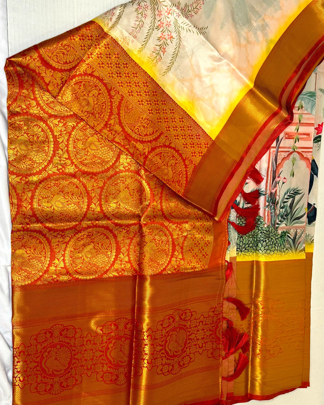 Moghul art digital print banarasi soft silk saree