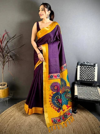 Tussar Zari Chex Kalamkari Saree