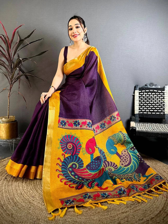 Tussar Zari Chex Kalamkari Saree