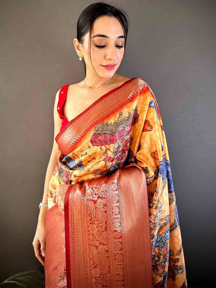 Ramayana Pen Kalamkari Printed Saree