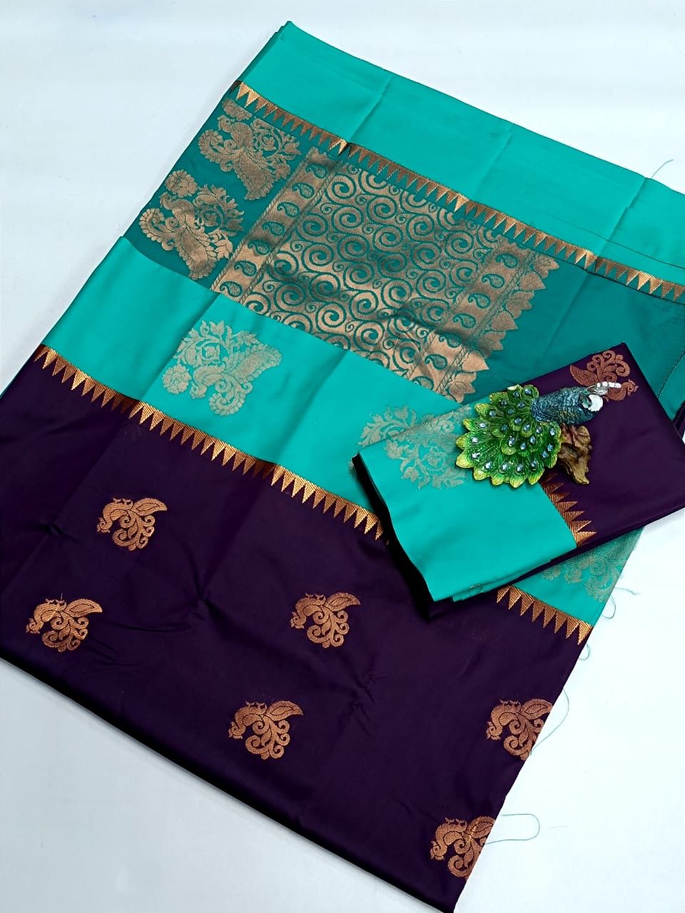 Purple with Green Soft Silk Saree with Contrast Border