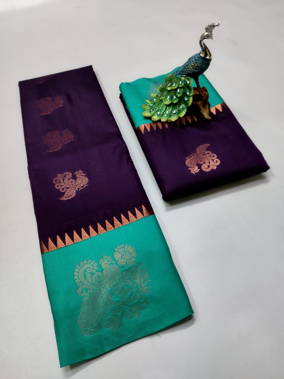 Purple with Green Soft Silk Saree with Contrast Border