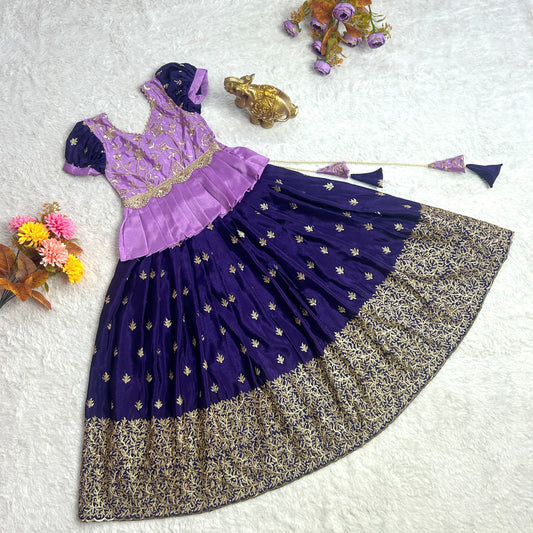 Chinnon silk embroidered pattu pavadai (3 yrs)