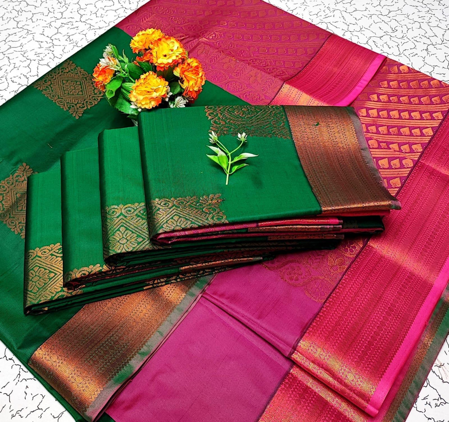 Green with Pink Soft Silk Saree