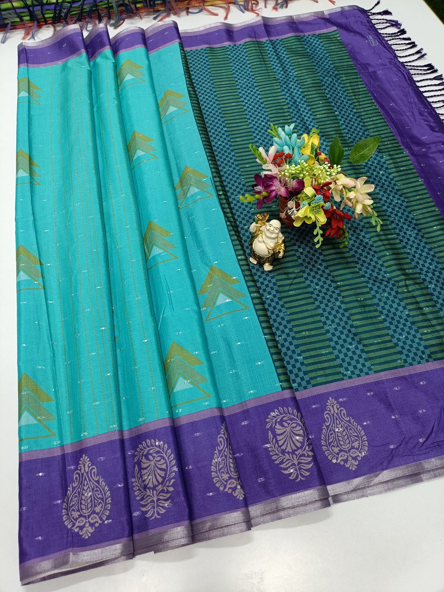 Aquablue & purple Paper Silk Saree