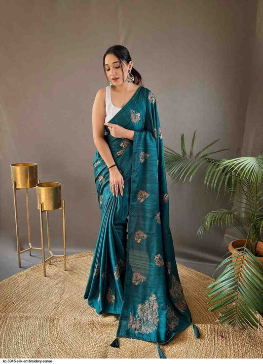 Tissue Embroidary saree - Green