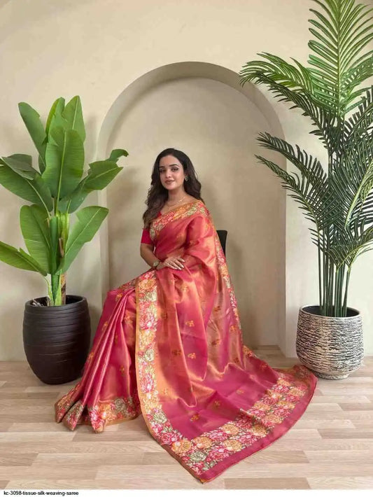 Tissue Silk Saree - Pink with embroidary