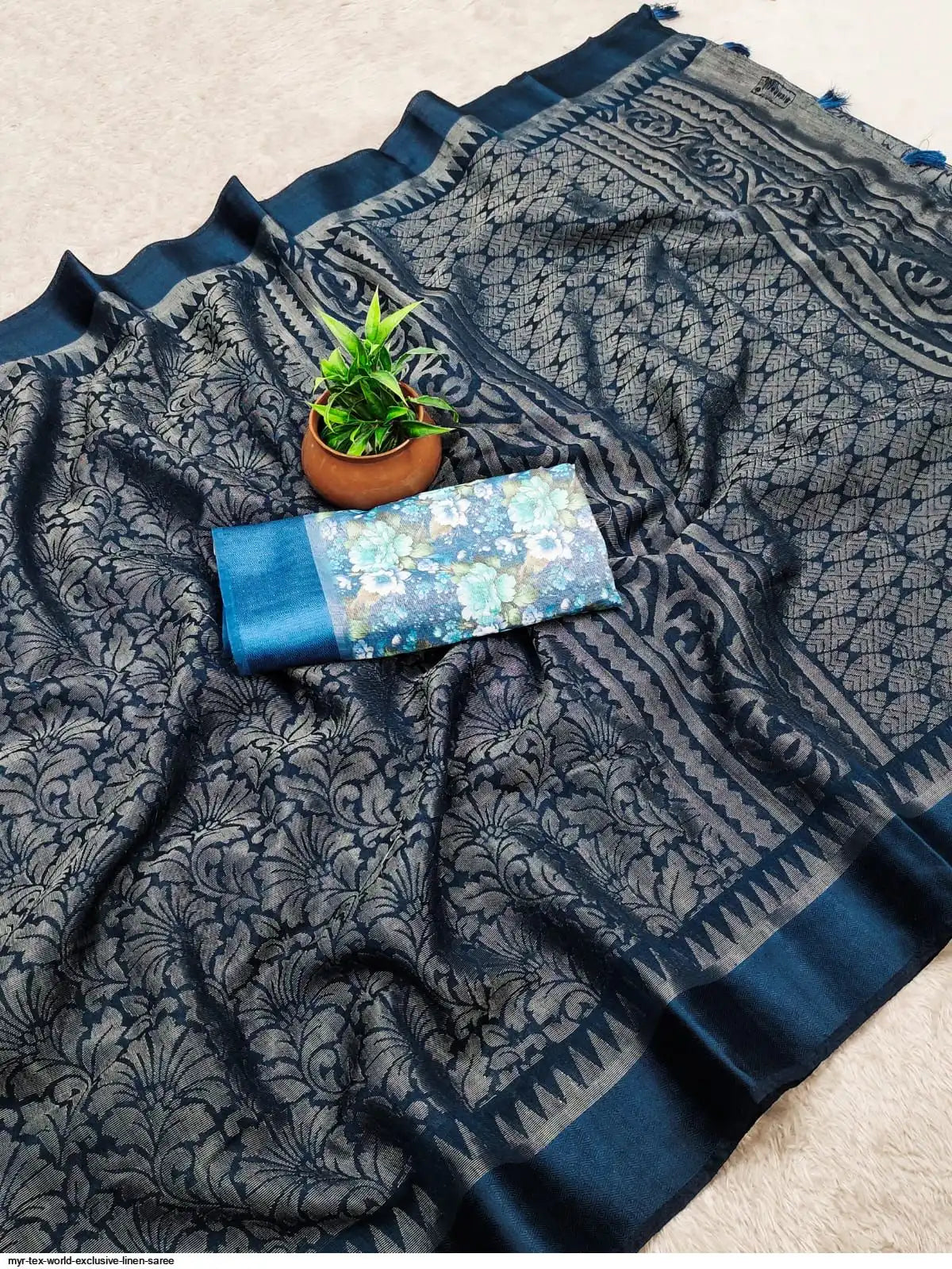 Silk thread work linen saree - blue